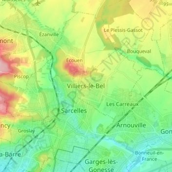 Topografische kaart Villiers-le-Bel, hoogte, reliëf