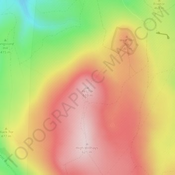 Topografische kaart Yes Tor, hoogte, reliëf