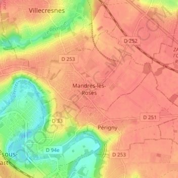 Topografische kaart Mandres-les-Roses, hoogte, reliëf