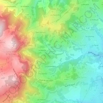 Topografische kaart Le Glas, hoogte, reliëf