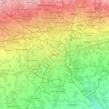Topografische kaart Milan, hoogte, reliëf