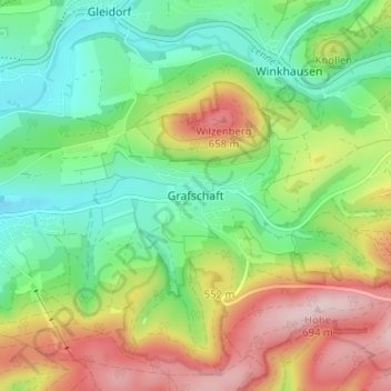 Topografische kaart Grafschaft, hoogte, reliëf