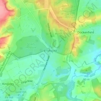 Topografische kaart Frith End, hoogte, reliëf