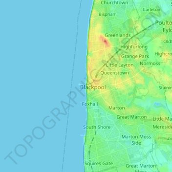 Topografische kaart Blackpool, hoogte, reliëf