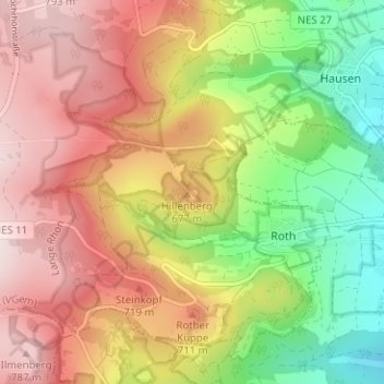 Topografische kaart Hillenberg, hoogte, reliëf