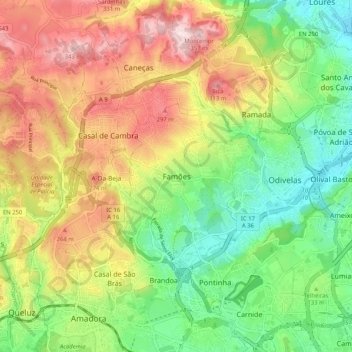 Topografische kaart Famões, hoogte, reliëf