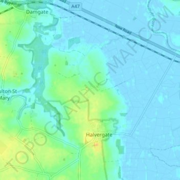 Topografische kaart Tunstall, hoogte, reliëf