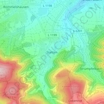 Topografische kaart Stetten, hoogte, reliëf