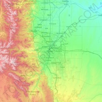 Topografische kaart Denver County, hoogte, reliëf