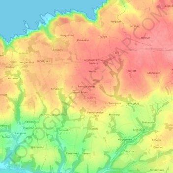 Topografische kaart Penn ar Menez, hoogte, reliëf