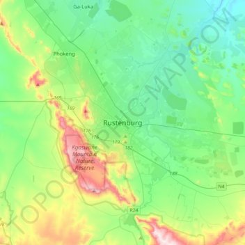 Topografische kaart Rustenburg, hoogte, reliëf