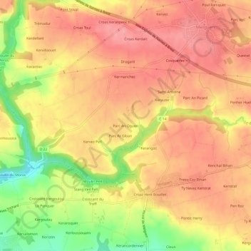 Topografische kaart Parc An Oguen, hoogte, reliëf