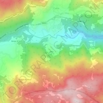 Topografische kaart Cerri, hoogte, reliëf