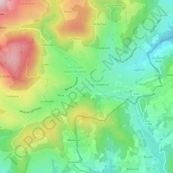 Topografische kaart Le Mas, hoogte, reliëf