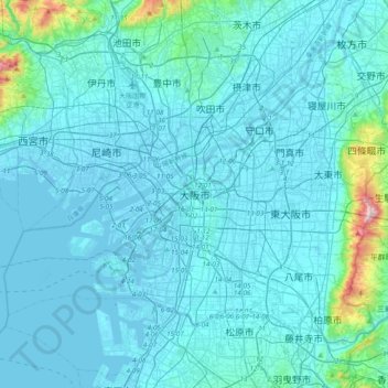 Topografische kaart 大阪市/大阪, hoogte, reliëf