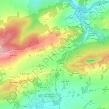 Topografische kaart Kerenor, hoogte, reliëf