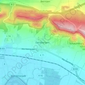 Topografische kaart Deckbergen, hoogte, reliëf