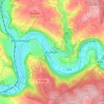 Topografische kaart Ruchsen, hoogte, reliëf