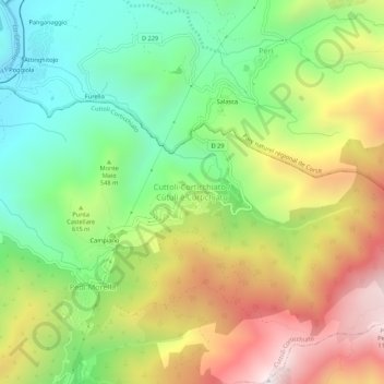 Topografische kaart Cuttoli-Corticchiato, hoogte, reliëf