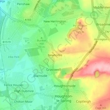 Topografische kaart Newbottle, hoogte, reliëf
