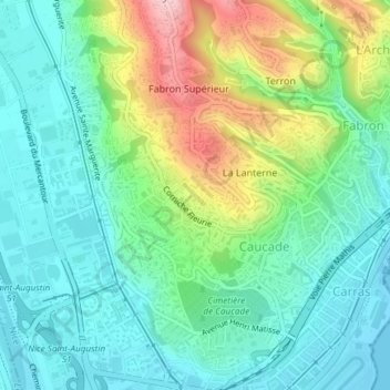 Topografische kaart Corniche Fleurie, hoogte, reliëf