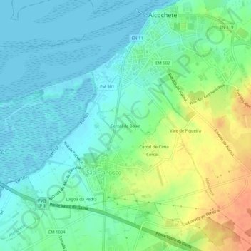 Topografische kaart Cercal de Baixo, hoogte, reliëf