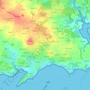 Topografische kaart Lanniguen, hoogte, reliëf
