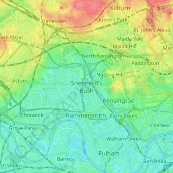 Topografische kaart Shepherd's Bush, hoogte, reliëf