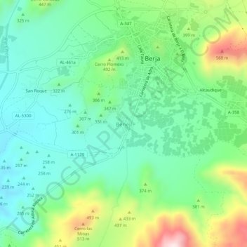 Topografische kaart Benejí, hoogte, reliëf
