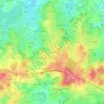 Topografische kaart La Terrade, hoogte, reliëf