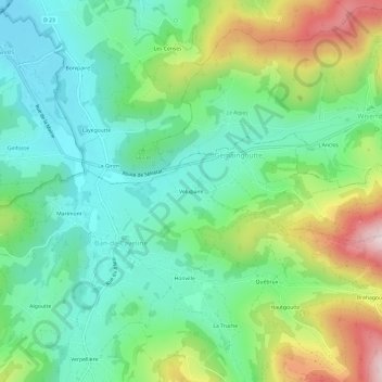Topografische kaart Velupaire, hoogte, reliëf