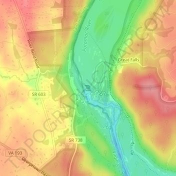 Topografische kaart Great Falls, hoogte, reliëf