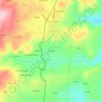 Topografische kaart Puricela, hoogte, reliëf