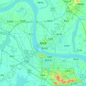 Topografische kaart 黄冈市, hoogte, reliëf