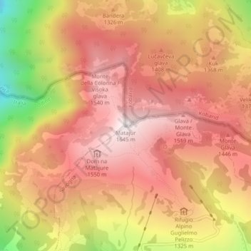 Topografische kaart Matajur, hoogte, reliëf