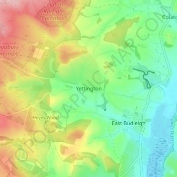Topografische kaart Yettington, hoogte, reliëf