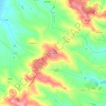 Topografische kaart Bourdette, hoogte, reliëf