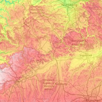 Topografische kaart Donau-Ries, hoogte, reliëf
