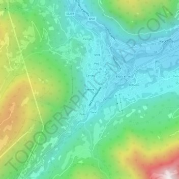 Topografische kaart Brevine, hoogte, reliëf