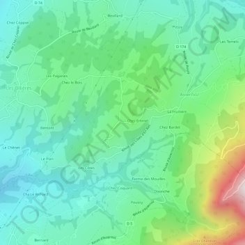 Topografische kaart Les Mellys, hoogte, reliëf