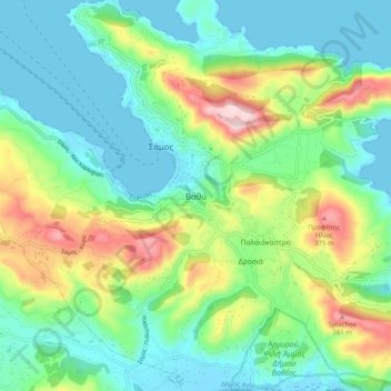 Topografische kaart Vathy, hoogte, reliëf