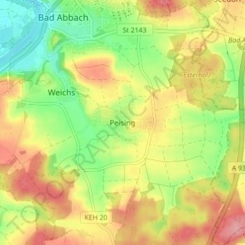 Topografische kaart Peising, hoogte, reliëf