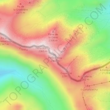 Topografische kaart Pic d'Anéou, hoogte, reliëf