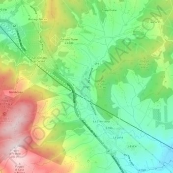 Topografische kaart Troghi, hoogte, reliëf