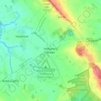 Topografische kaart Halfpenny Green, hoogte, reliëf