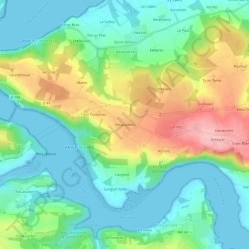 Topografische kaart Kergadalen, hoogte, reliëf