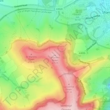 Topografische kaart Shanklin Down, hoogte, reliëf