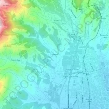 Topografische kaart Fornace, hoogte, reliëf