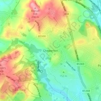 Topografische kaart Chesterton, hoogte, reliëf