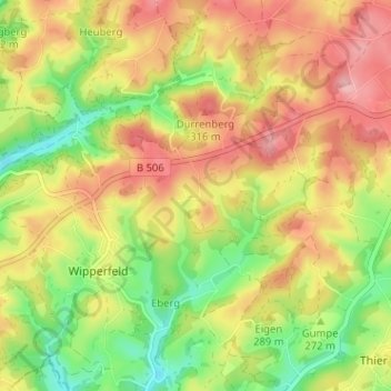 Topografische kaart Grüterich, hoogte, reliëf
